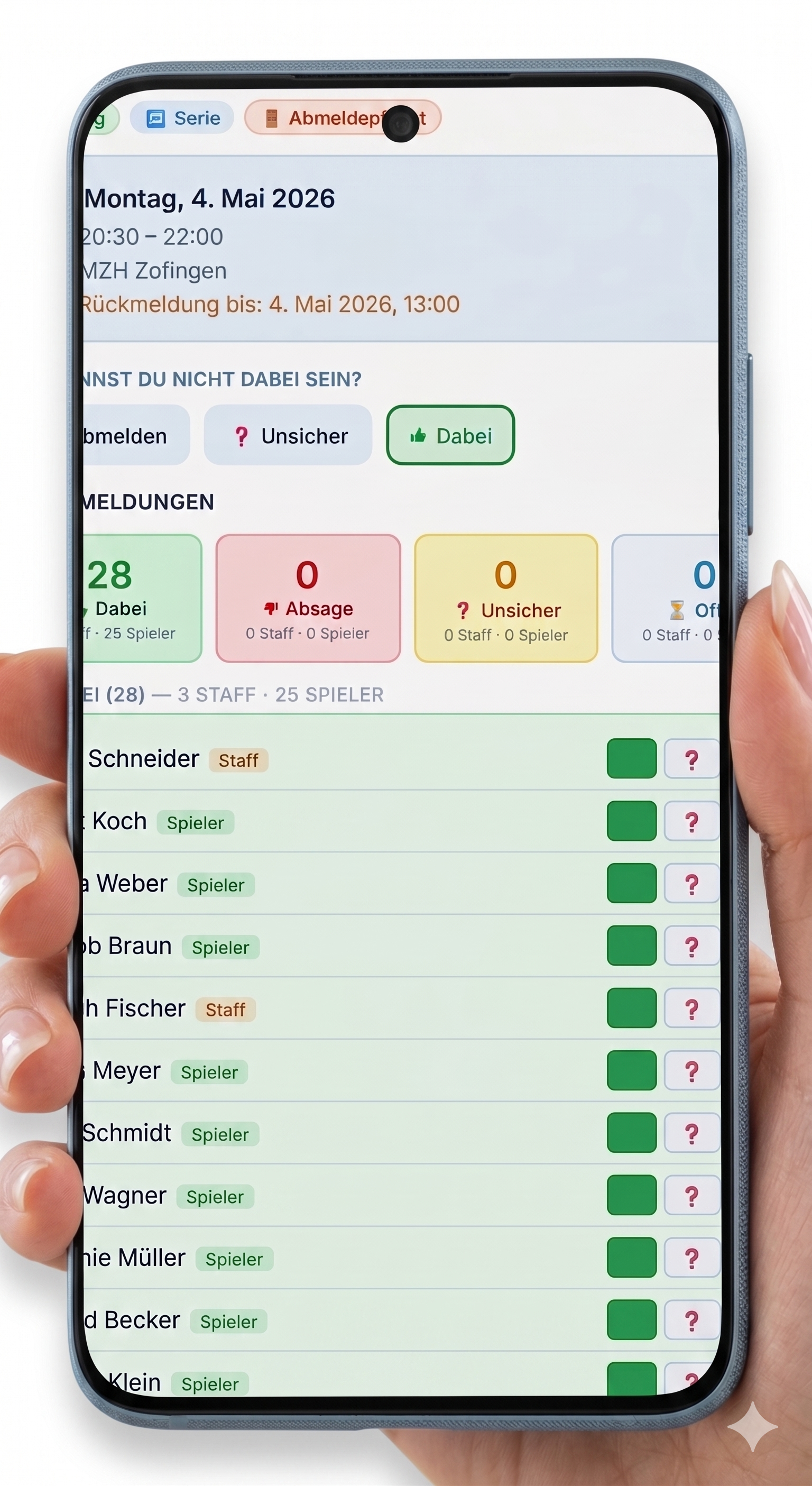 Train and Game App auf dem Smartphone — Anwesenheits-Erfassung