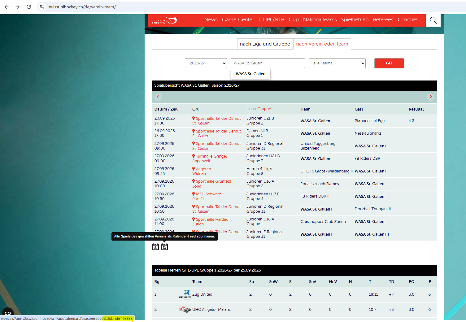 Beispiel: club_id in der Statuszeile des Browsers auf swissunihockey.ch